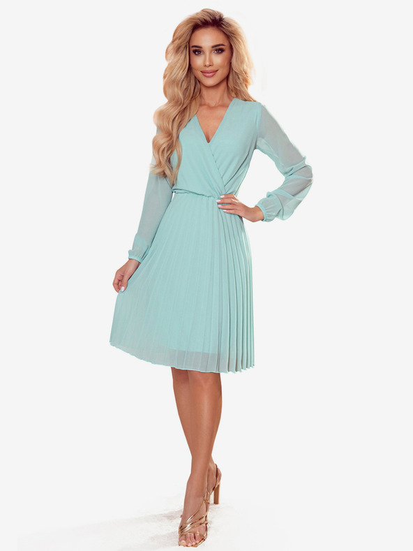 numoco Plisované šaty s výstřihem a dlouhým rukávem - máta Numoco ISABELLE