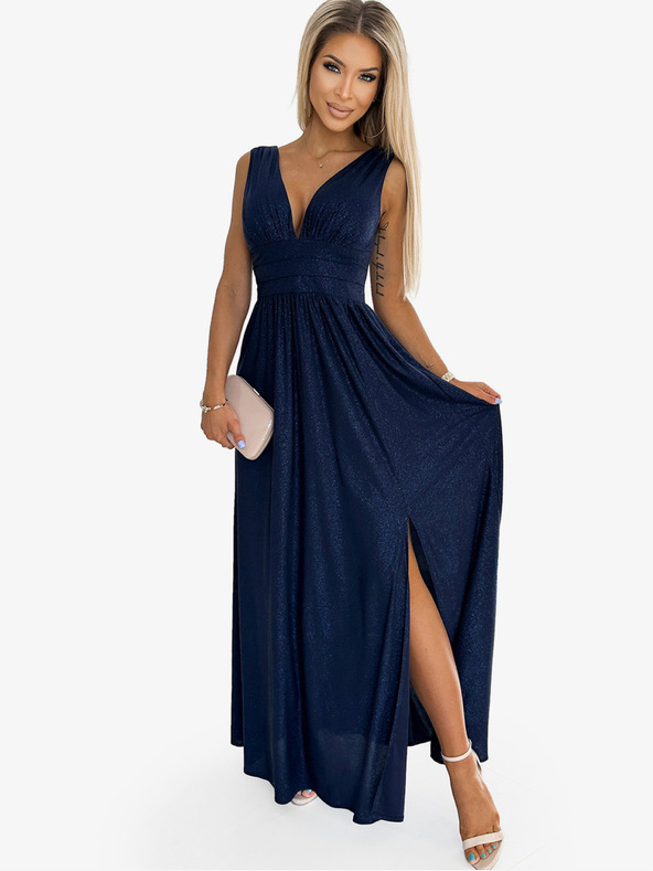numoco Dlouhé brokátové šaty s výstřihem a prošíváním v pase - tmavě modrá Numoco SUSAN