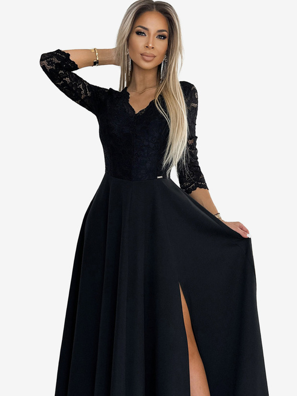 numoco Krajkové, elegantní dlouhé šaty s výstřihem a rozparkem u nohavic - černé Numoco AMBER