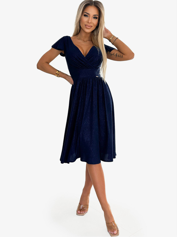 numoco Šaty s výstřihem a krátkým rukávem - tmavě modrá se třpytkami Numoco MATILDE