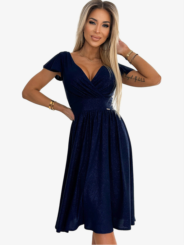 numoco Šaty s výstřihem a krátkým rukávem - tmavě modrá se třpytkami Numoco MATILDE