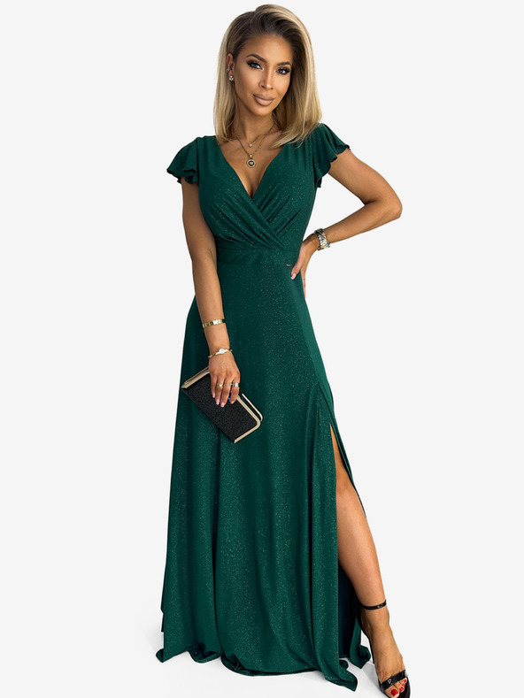 numoco Třpytivé dlouhé šaty s výstřihem - zelené Numoco CRYSTAL