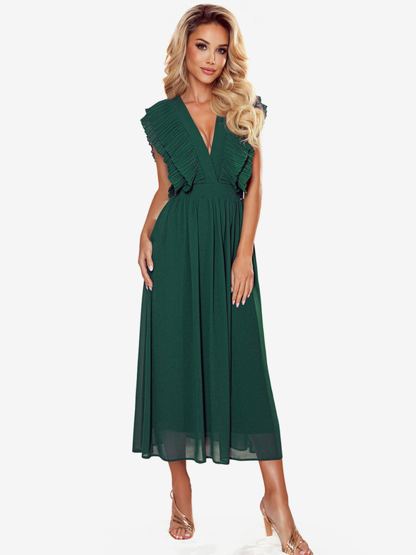 numoco Midi šaty s řasením a výstřihem - zelené Numoco YANA