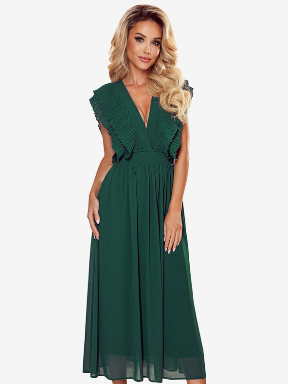 numoco Midi šaty s řasením a výstřihem - zelené Numoco YANA