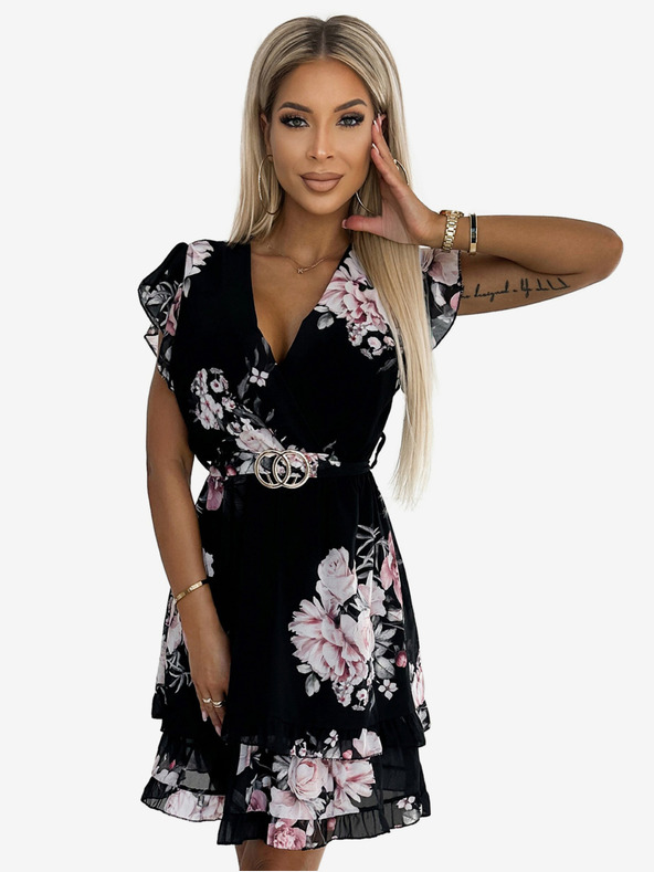 numoco Šaty s psaníčkovým výstřihem - černé s růžičkami Numoco PATRIZIA