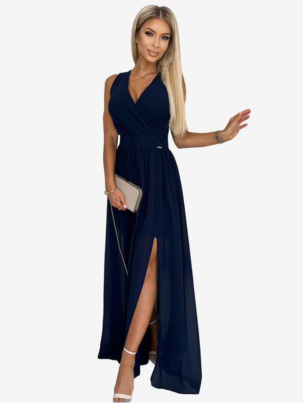 numoco Dlouhé šaty s výstřihem a zavazováním - tmavě modré Numoco JUSTINE