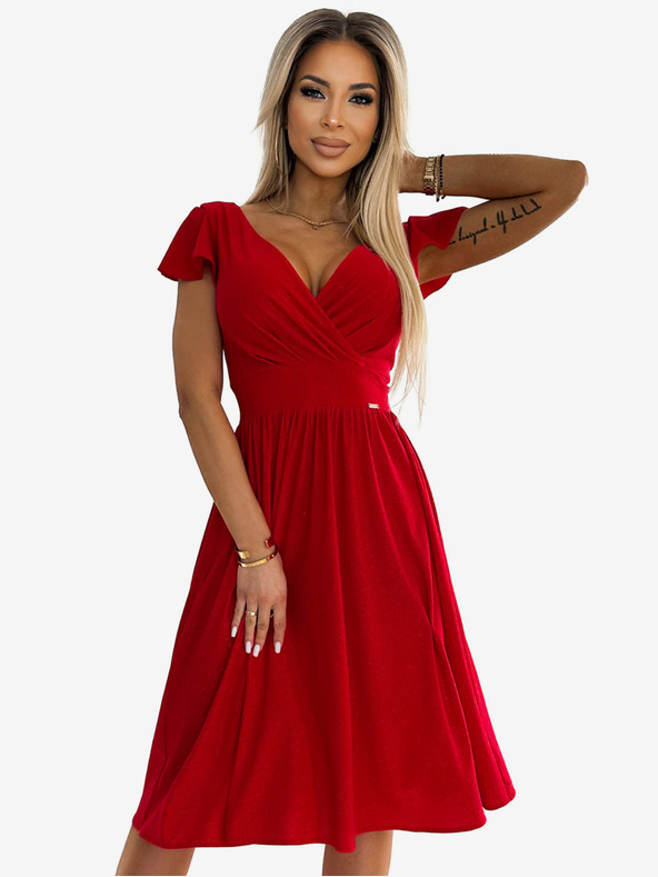 numoco Šaty s výstřihem a krátkým rukávem - červená se třpytkami Numoco MATILDE