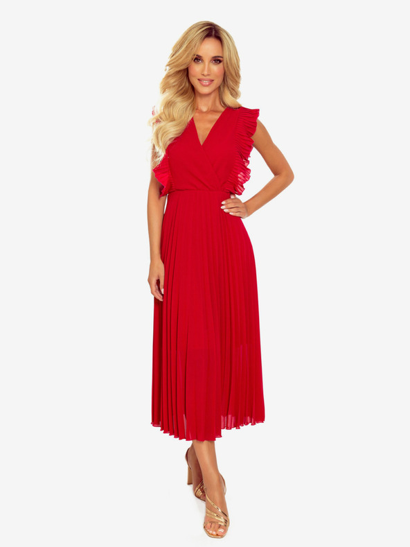 numoco Plisované šaty s volánky a výstřihem - Červené Numoco EMILY