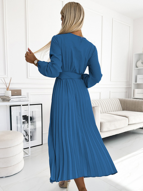 numoco Plisované midi šaty s výstřihem, dlouhým rukávem a širokým páskem Numoco VIVIANA