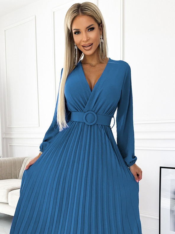 numoco Plisované midi šaty s výstřihem, dlouhým rukávem a širokým páskem Numoco VIVIANA