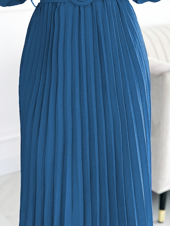 numoco Plisované midi šaty s výstřihem, dlouhým rukávem a širokým páskem Numoco VIVIANA