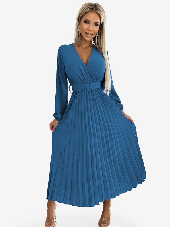 numoco Plisované midi šaty s výstřihem, dlouhým rukávem a širokým páskem Numoco VIVIANA