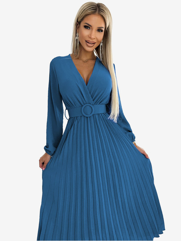 numoco Plisované midi šaty s výstřihem, dlouhým rukávem a širokým páskem Numoco VIVIANA