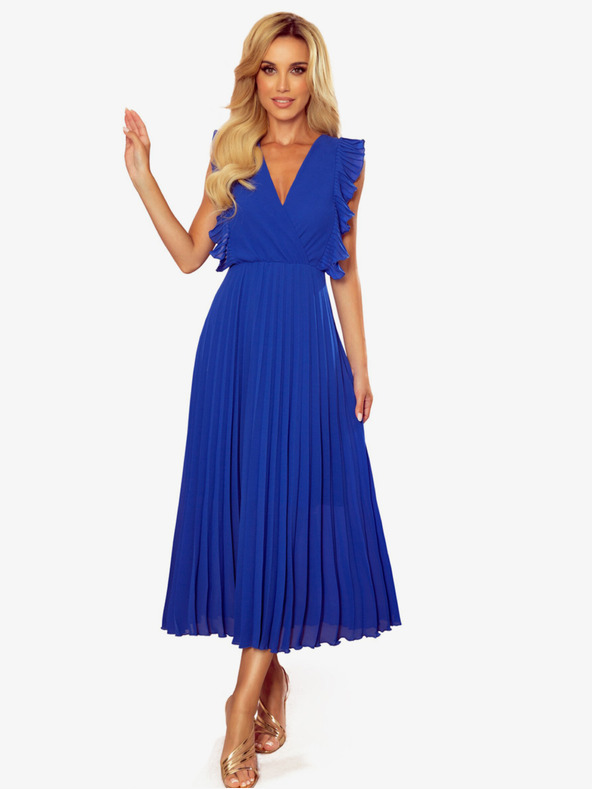 numoco Plisované šaty s volánky a výstřihem - Modré Numoco EMILY