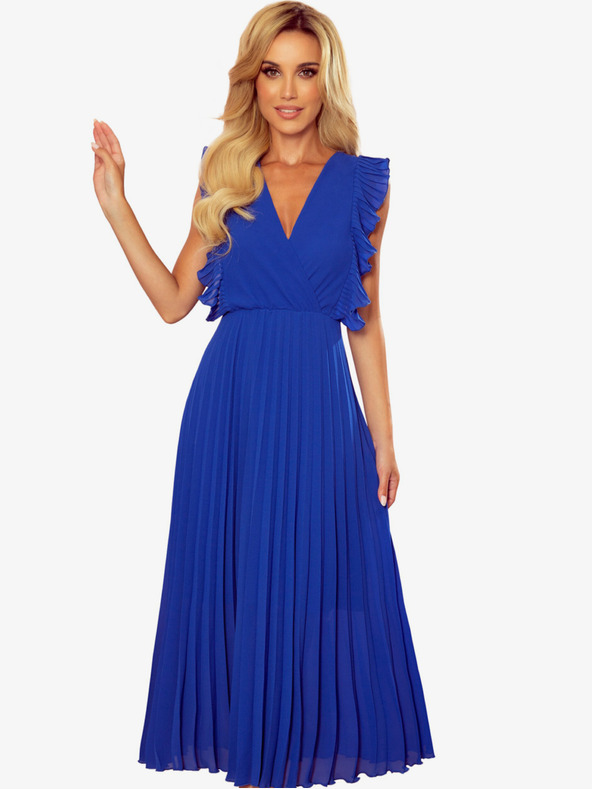 numoco Plisované šaty s volánky a výstřihem - Modré Numoco EMILY