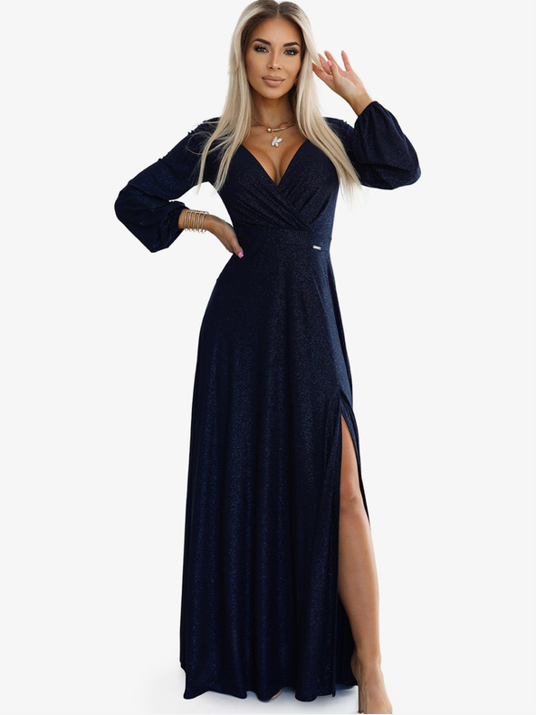 numoco Lesklé dlouhé šaty s výstřihem a dlouhými rukávy - tmavě modré Numoco NELA