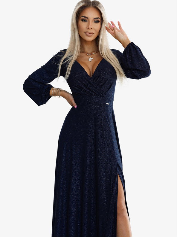 numoco Lesklé dlouhé šaty s výstřihem a dlouhými rukávy - tmavě modré Numoco NELA