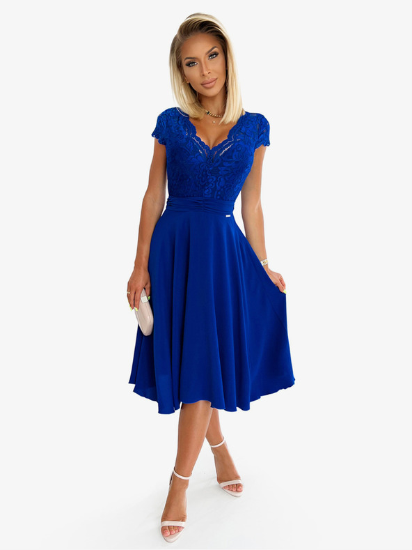 numoco Šifonové šaty s krajkovým výstřihem - modré Numoco LINDA