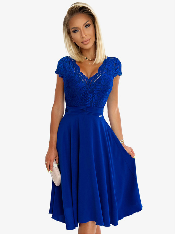 numoco Šifonové šaty s krajkovým výstřihem - modré Numoco LINDA