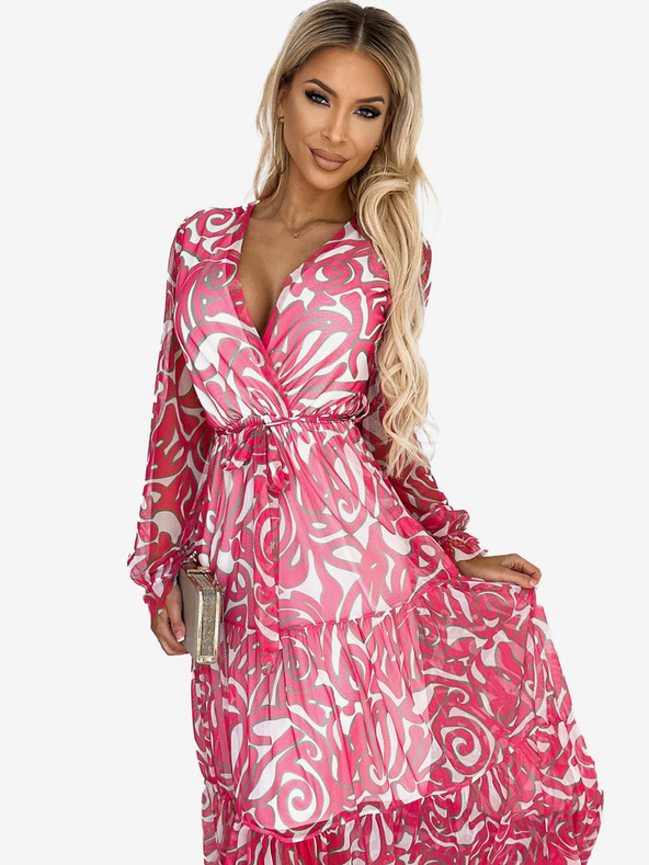 numoco Šaty s výstřihem a dlouhým rukávem - růžové vlny - síťovina Numoco ENRICA