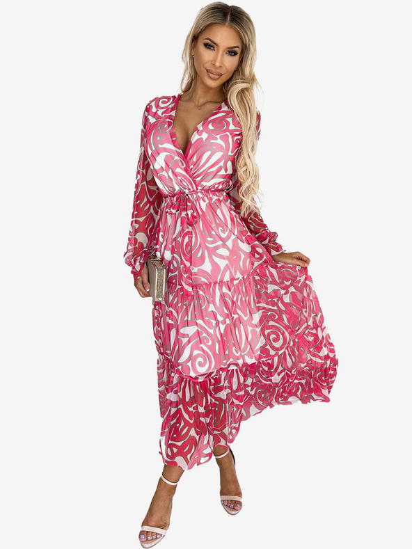 numoco Šaty s výstřihem a dlouhým rukávem - růžové vlny - síťovina Numoco ENRICA