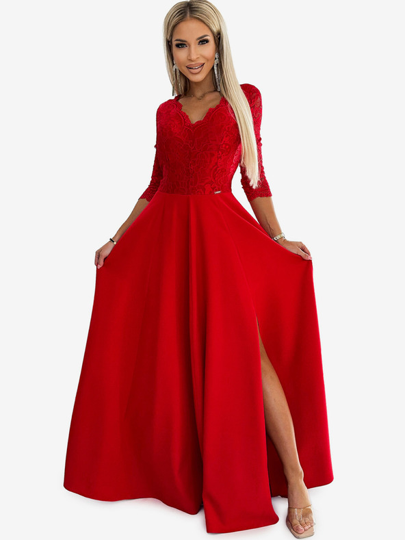 numoco Krajkové, elegantní dlouhé šaty s výstřihem a rozparkem u nohavic - červené Numoco AMBER