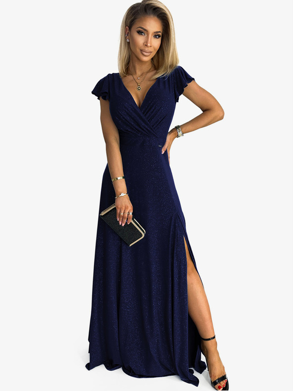 numoco Třpytivé dlouhé šaty s výstřihem - tmavě modré Numoco CRYSTAL
