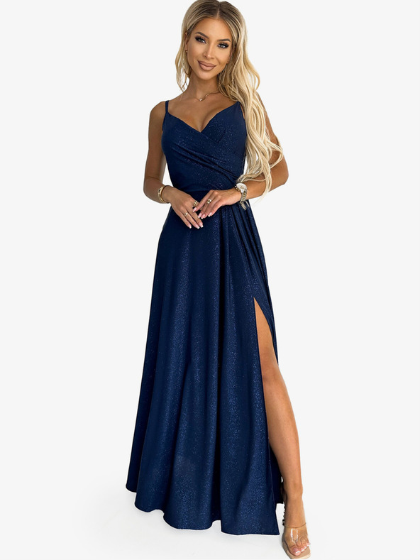numoco Elegantní maxi šaty na ramínka - tmavě modré se třpytkami Numoco CHIARA