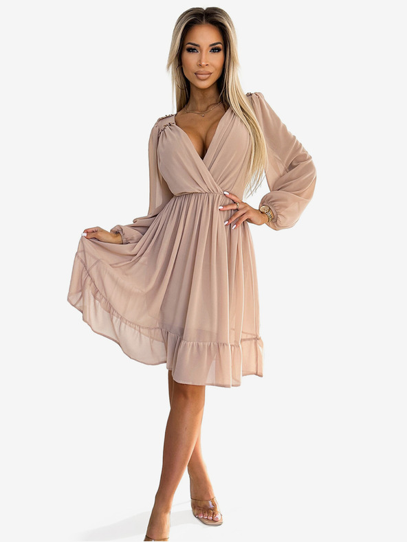 numoco Šifonové midi šaty s dlouhým rukávem a výstřihem - béžová barva Numoco MILA