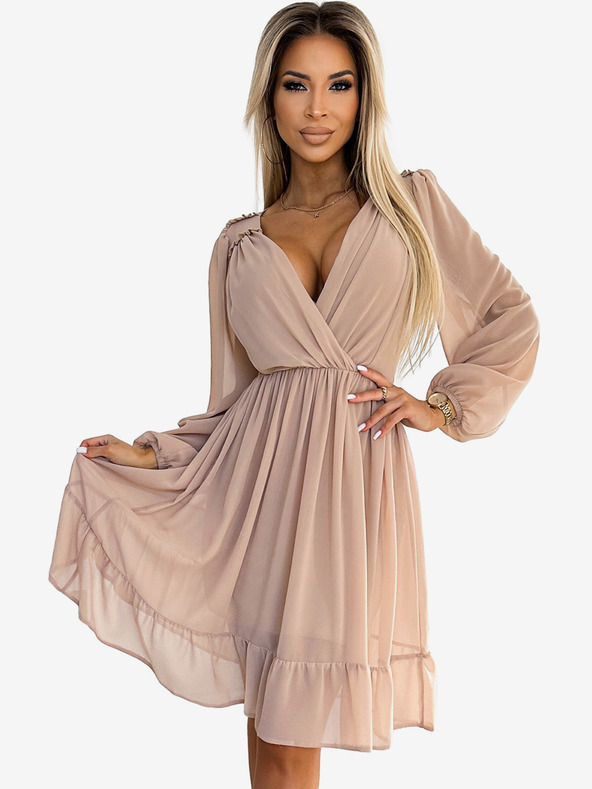 numoco Šifonové midi šaty s dlouhým rukávem a výstřihem - béžová barva Numoco MILA