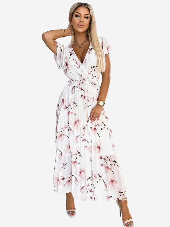 numoco Plisované midi šaty s výstřihem a volány - broskvový květ na bílém pozadí Numoco LISA