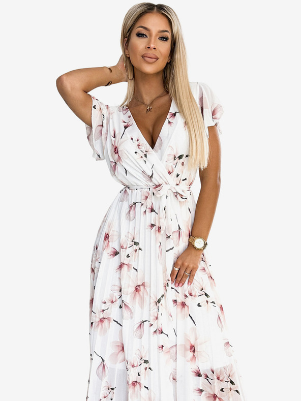 numoco Plisované midi šaty s výstřihem a volány - broskvový květ na bílém pozadí Numoco LISA