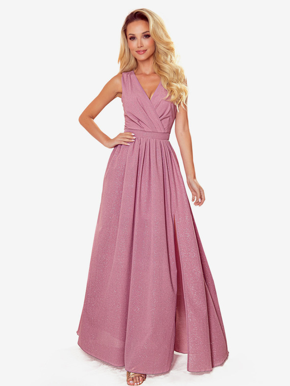 numoco Dlouhé šaty s výstřihem a zavazováním - pudrově růžové se třpytkami Numoco JUSTINE