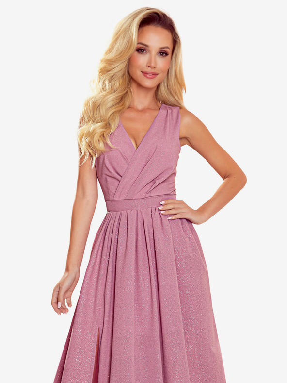 numoco Dlouhé šaty s výstřihem a zavazováním - pudrově růžové se třpytkami Numoco JUSTINE