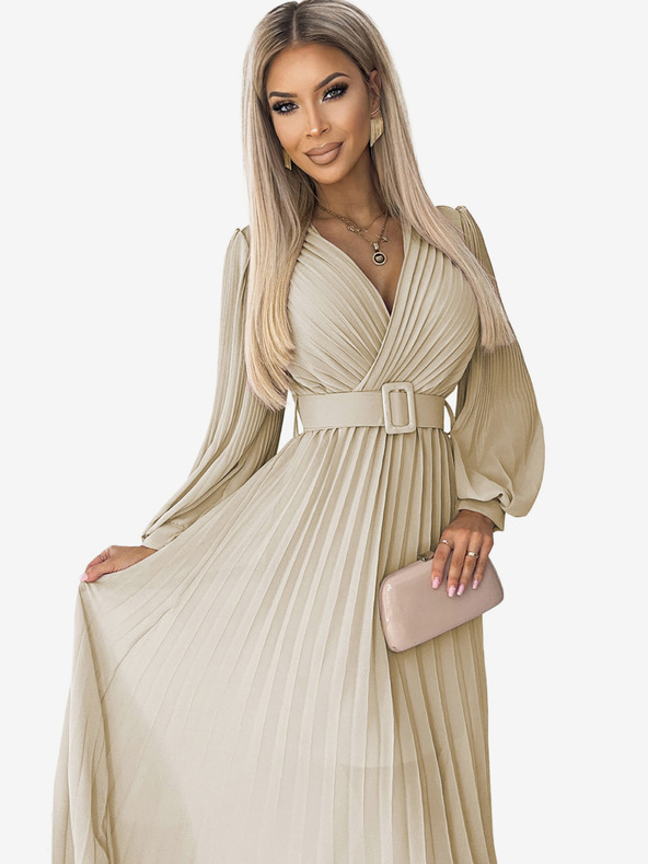 numoco Řasené šaty s páskem a výstřihem - béžové Numoco KLARA