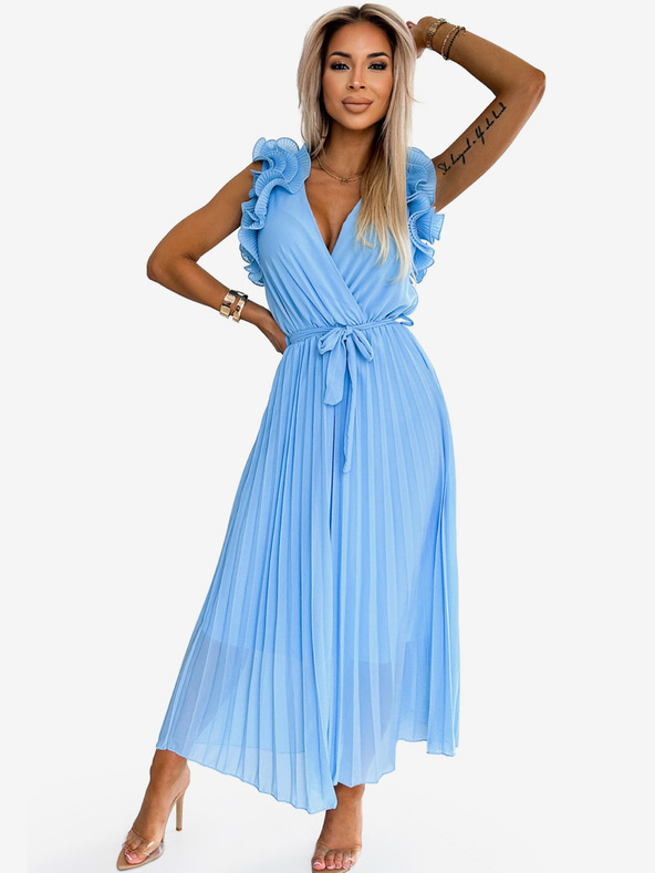 numoco Plisované šifonové midi šaty s výstřihem a jemnými volánky - světle modrá Numoco MIRABELLA
