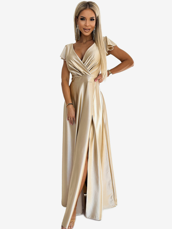 numoco Saténové dlouhé šaty s výstřihem - zlaté Numoco CRYSTAL
