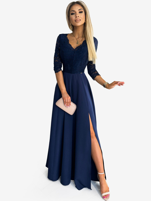 numoco Elegantní krajkové dlouhé šaty s výstřihem - tmavě modrá Numoco AMBER