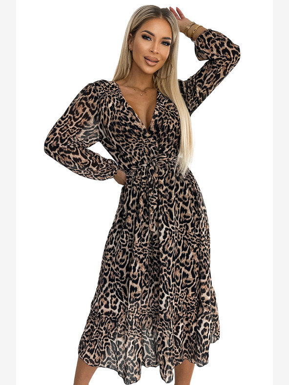 numoco Delší šifonové šaty s výstřihem, volány a páskem - leopardí potisk Numoco WILD