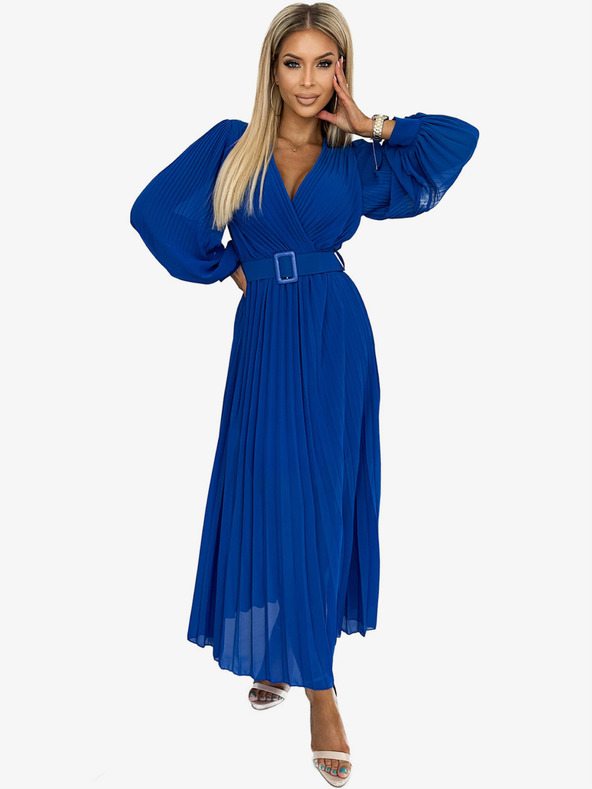 numoco Řasené šaty s páskem a výstřihem - modré Numoco KLARA