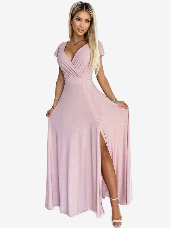 numoco Třpytivé dlouhé šaty s výstřihem - špinavě růžové Numoco CRYSTAL