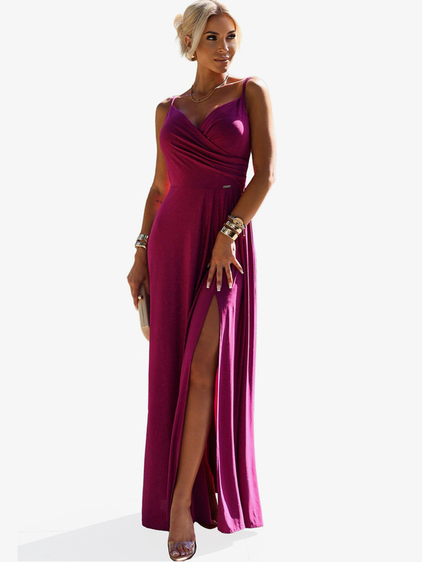 numoco Elegantní dlouhé maxi šaty na ramínka - fuchsiová se třpytkami Numoco CHIARA
