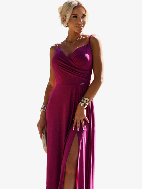 numoco Elegantní dlouhé maxi šaty na ramínka - fuchsiová se třpytkami Numoco CHIARA