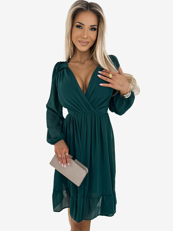 numoco Šifonové midi šaty s dlouhým rukávem a výstřihem - zelené Numoco MILA