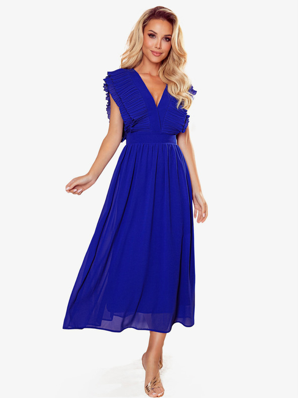 numoco Midi šaty s řasením a výstřihem - modré Numoco YANA