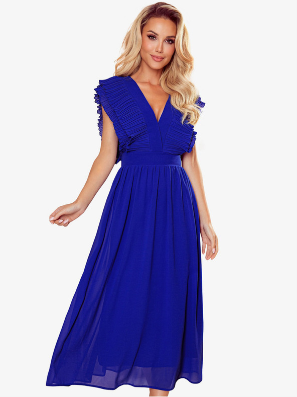 numoco Midi šaty s řasením a výstřihem - modré Numoco YANA