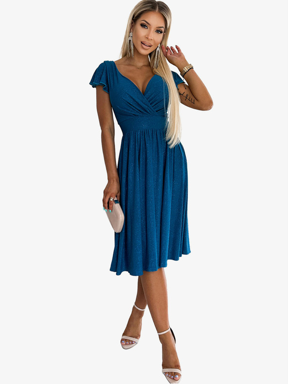 numoco Šaty s výstřihem a krátkým rukávem - mořská barva se třpytkami Numoco MATILDE