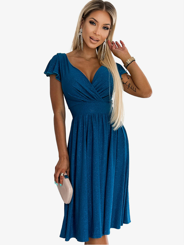 numoco Šaty s výstřihem a krátkým rukávem - mořská barva se třpytkami Numoco MATILDE