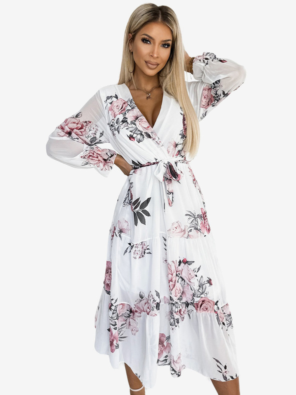 numoco Midi šaty s výstřihem a páskem - bílá s růžemi Numoco VALENTINA