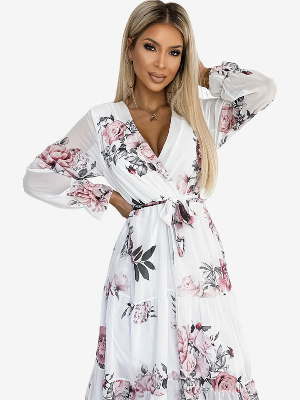 numoco Midi šaty s výstřihem a páskem - bílá s růžemi Numoco VALENTINA